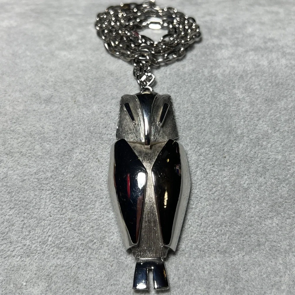 50s Mid-Century Modern Owl Silver Tone Pendant Necklace Vintage Goth
